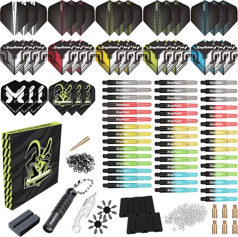 MageRabbit Dart Accessories Kit Including 36pcs Dart Flights 45pcs Dart Shafts for Steel/Soft Tip Darts,Sharpener, Dart Stems Remover Tool, 50 Metal Rings,50 Rubber Rings, Pack of 195pcs Accessories - Image 1